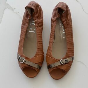 AGL Tan Peep Toe Flats with Silver Buckle
